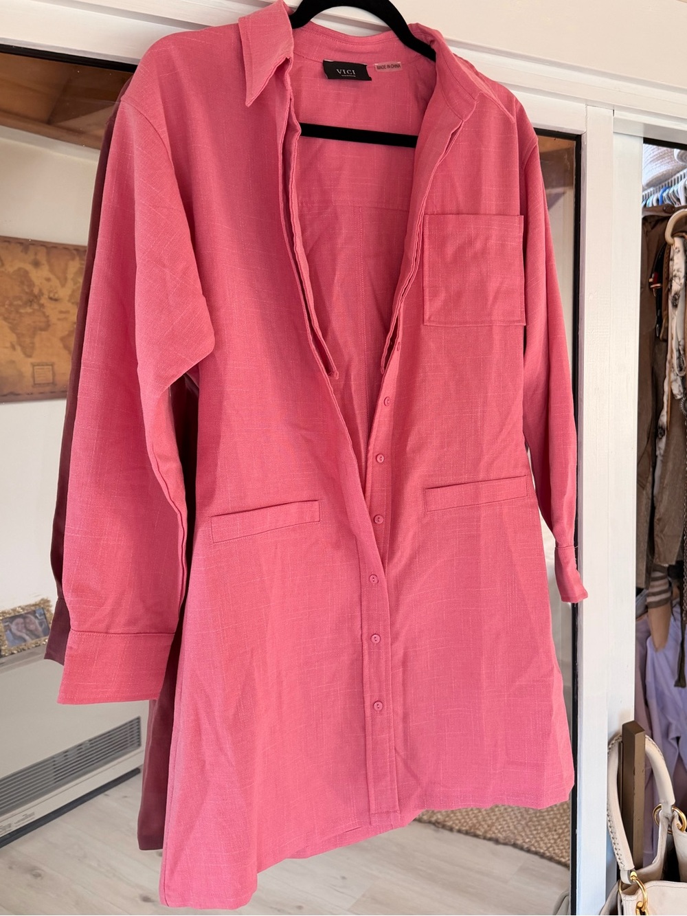Vici pink modern form linen mini shirt dress